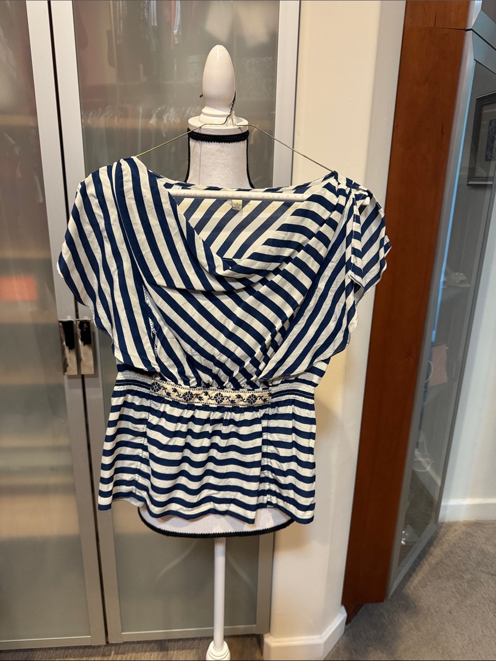 Odille Navy and White Striped Blouson Top with Embroidered Waist
